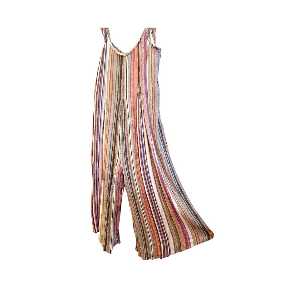 I LOVE, WOMENS, STRIPED ROMPER. CROPPED, WIDE LEG, V-NECK WITH BACK TIE. SIZE S